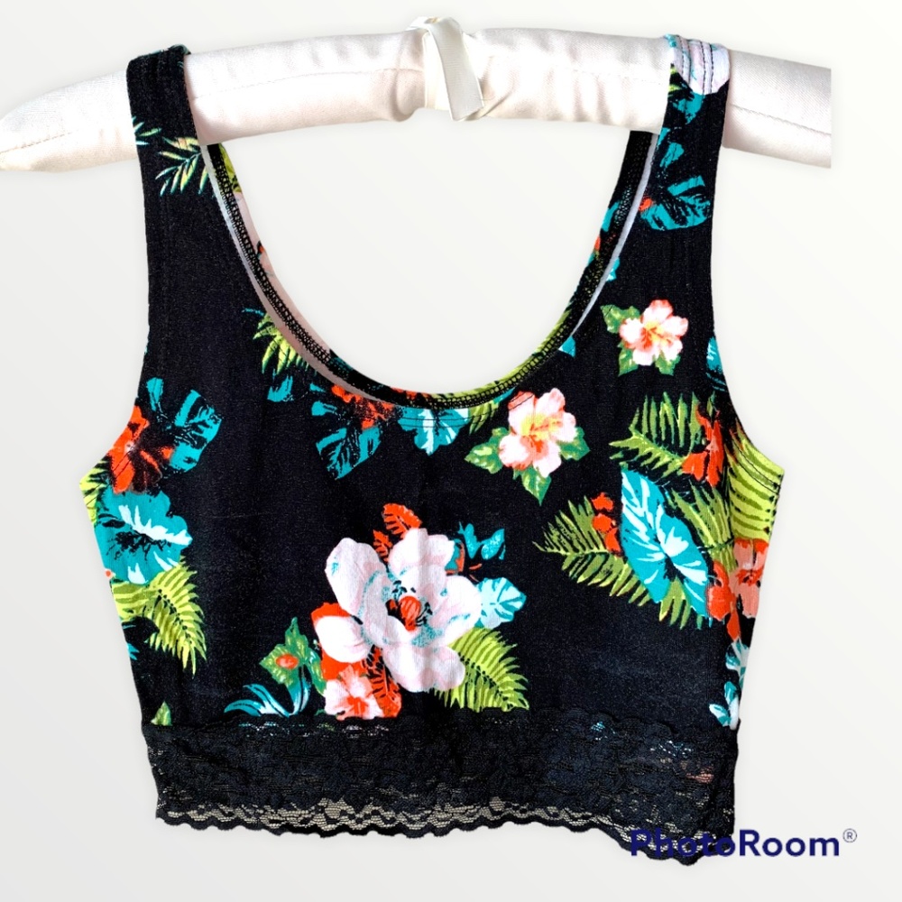 Tank Top Crop Tropical with Black Lace Hem Trim size Small (Juniors) NWT